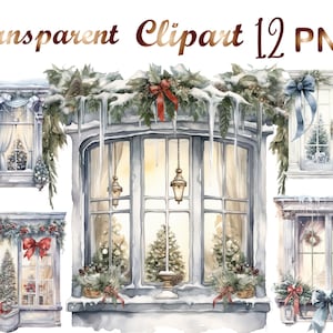 12 Watercolor Christmas Clipart png, Christmas Clipart PNG, Watercolor Christmas window clipart, Xmas decor,Digital Download, Commercial USe
