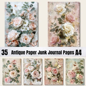35 Old Roses Junk Journal Pages, Digital Scrapbook Paper Kit,Vintage Roses Printable,Neutral Ephemera, Distressed Collage Sheet