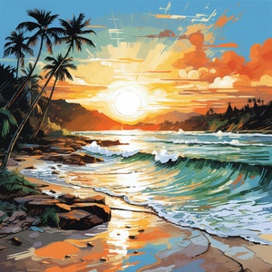 May include: A painting of a tropical beach scene with palm trees, a bright orange sunset, and waves crashing on the shore.
