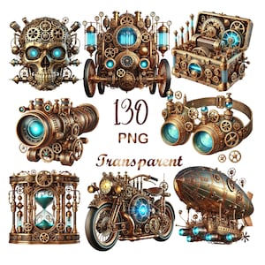 May include: A collection of steampunk-themed digital graphics. Includes a skull, vehicle, chest, goggles, telescope, hourglass, motorcycle, and airship, all with intricate gear and mechanical designs. The text "130 PNG Transparent" is also included.