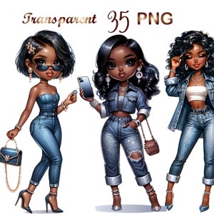 May include: Three digital illustrations of Black women in denim outfits. The woman on the left is wearing a strapless denim top, jeans, and a small purse. The woman in the middle is wearing a denim jacket, jeans, and a small purse. The woman on the right is wearing a denim jacket, a white tank top, jeans, and a small purse.