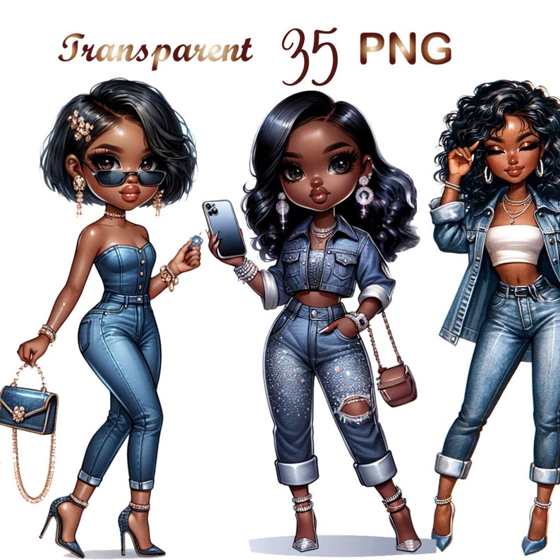May include: Three digital illustrations of Black women in denim outfits. The woman on the left is wearing a strapless denim top, jeans, and a small purse. The woman in the middle is wearing a denim jacket, jeans, and a small purse. The woman on the right is wearing a denim jacket, a white tank top, jeans, and a small purse.