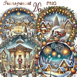 26 PNG Christmas Villages Clipart bundle, set 2, Festive Town Illustrations designs,Instant Digital Download,Unlimited Commercial Use Crafts