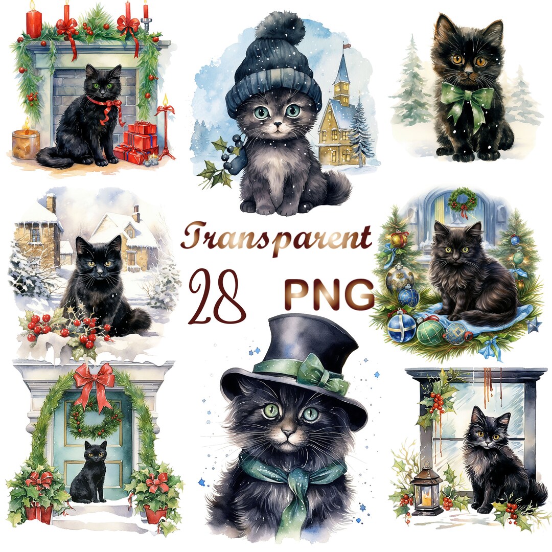 28 Winter Вlack Cat Clipart PNG, Watercolor Mystical Cat Clipart ...