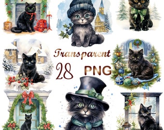 28 Winter Вlack Cat Clipart PNG, Watercolor mystical cat clipart, Winter Cute Вlack Cats, Digital download,High resolution,Paper crafts