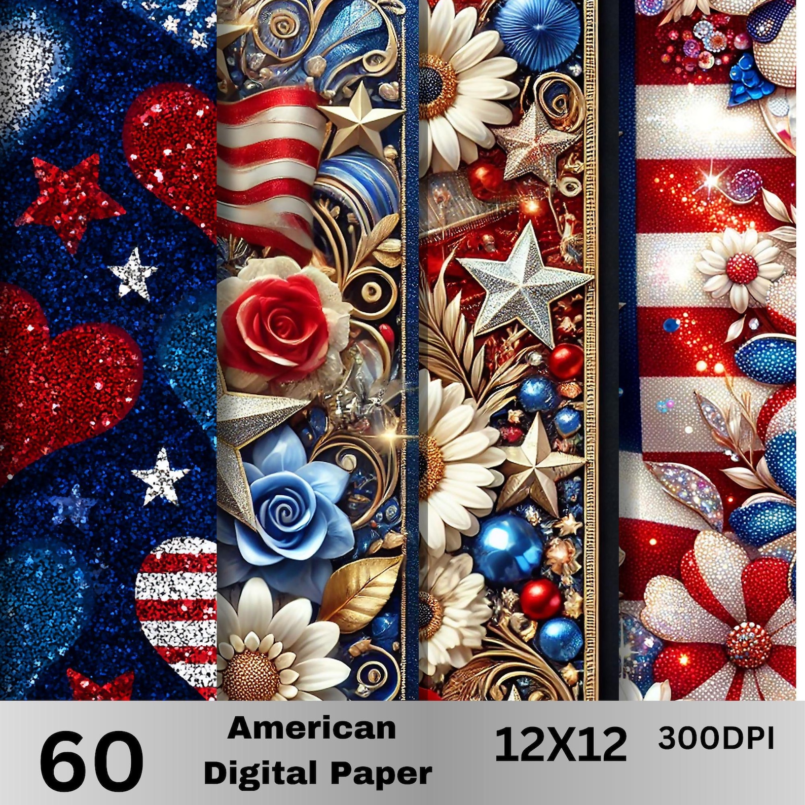 60 Backing Paper 60 Old Patriotic USA Background Papers – Digital 12x12