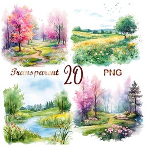 20 PNG Watercolor Spring Scenery & Landscape Clipart Bundle | Spring Landscape Art | Commercial Use | Digital Download