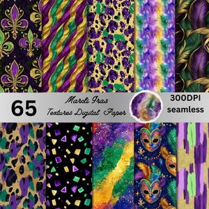 Pode incluir: Um conjunto de 65 papéis digitais com padrões temáticos de Mardi Gras em roxo, verde, dourado e preto. Os padrões incluem flor-de-lis, confete, brilho, máscaras e estampa animal. Os papéis são de 300 DPI e sem costuras.