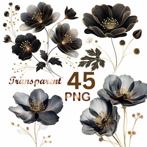 Könnte beinhalten: Eine Sammlung von schwarz-goldenen Blumenillustrationen. Die Blumen haben detaillierte Blütenblätter mit goldenen Akzenten und Stielen. Das Bild enthält die Worte "Transparent 45 PNG".