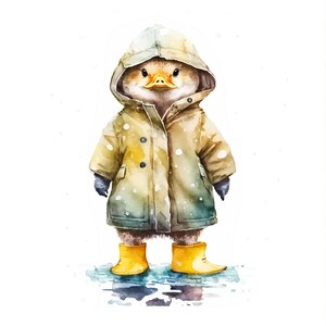 May include: A watercolor painting of a duckling wearing a yellow raincoat and yellow rain boots. The duckling is standing in a puddle of water with snow falling around it.