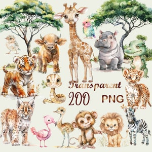 200 PNG,Safari Animals Clipart Watercolor,jungle safari,baby safari animals PNG,safari clipart elephant zebra giraffe tiger lion,baby shower