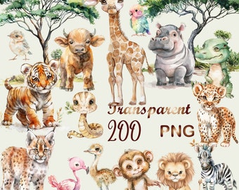 200 PNG,Safari Animals Clipart Watercolor,jungle safari,baby safari animals PNG,safari clipart elephant zebra giraffe tiger lion,baby shower