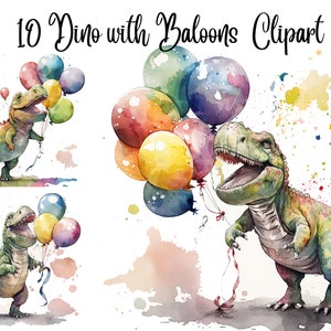 10 Dinosaur and Baloons Clipart, dinosaur clipart, Birthday Clipart, JPGs,Digital Crafting, Watercolor, Commercial use, Digital Download