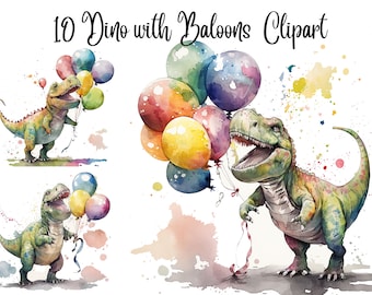 10 Dinosaur and Baloons Clipart, dinosaur clipart, Birthday Clipart, JPGs,Digital Crafting, Watercolor, Commercial use, Digital Download
