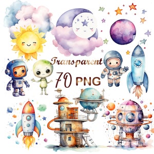 70 Watercolor Space Clipart Bundle, PNG, Sun Watercolor Clipart, Astronaut Spaceship, Outerspace Clipart,Stars and Moon PNG,Instant Download