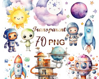 70 Watercolor Space Clipart Bundle, PNG, Sun Watercolor Clipart, Astronaut Spaceship, Outerspace Clipart,Stars and Moon PNG,Instant Download