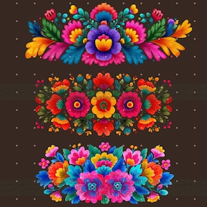 May include: Three colourful floral designs on a dark brown background. Each design features a variety of flowers and leaves in shades of pink, blue, yellow, orange, and green. The designs are symmetrical and detailed, ideal for decorative purposes.