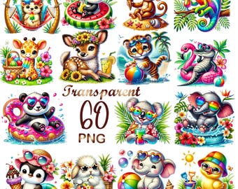 60 PNG-Aquarell-Sommertier-Cliparts – Niedliche digitale Tiergrafiken für Aufkleber, Sublimation und kommerzielle Nutzung, digitaler Download