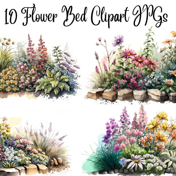 10 Watercolor Flower Bed Clipart, JPGs,Commercial Use,Digital Download,Card Making, Mixed Media,Digital Paper Craft, Clipart Spring Border