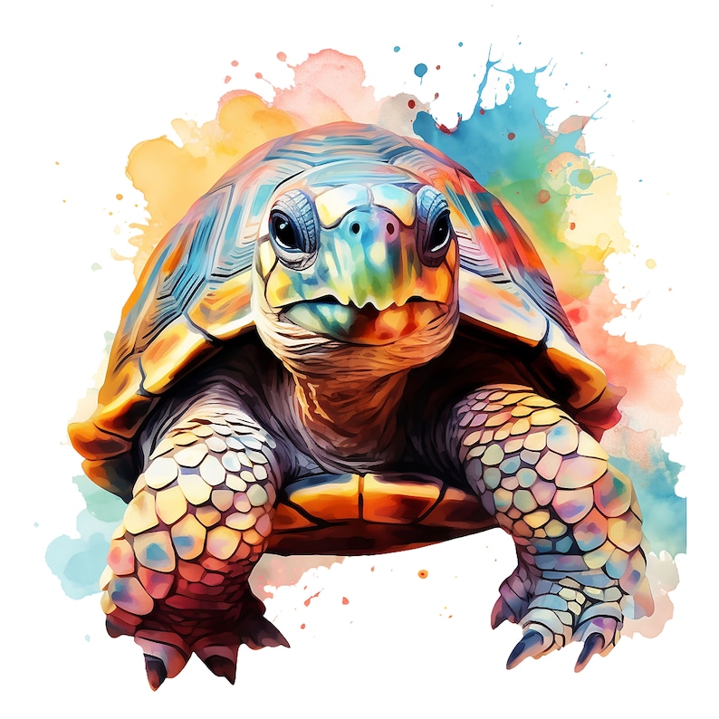 May include: A colorful watercolor painting of a turtle with a green head and brown shell. The turtle is looking directly at the viewer. The background is a watercolor wash of blue, yellow, and orange.