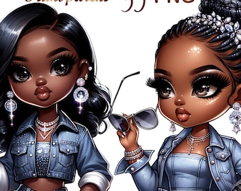 35 Black girl clipart, chibi girl clipart,afro girl clipart, denim girl clipart, beautiful girl clipart, black girl graphics