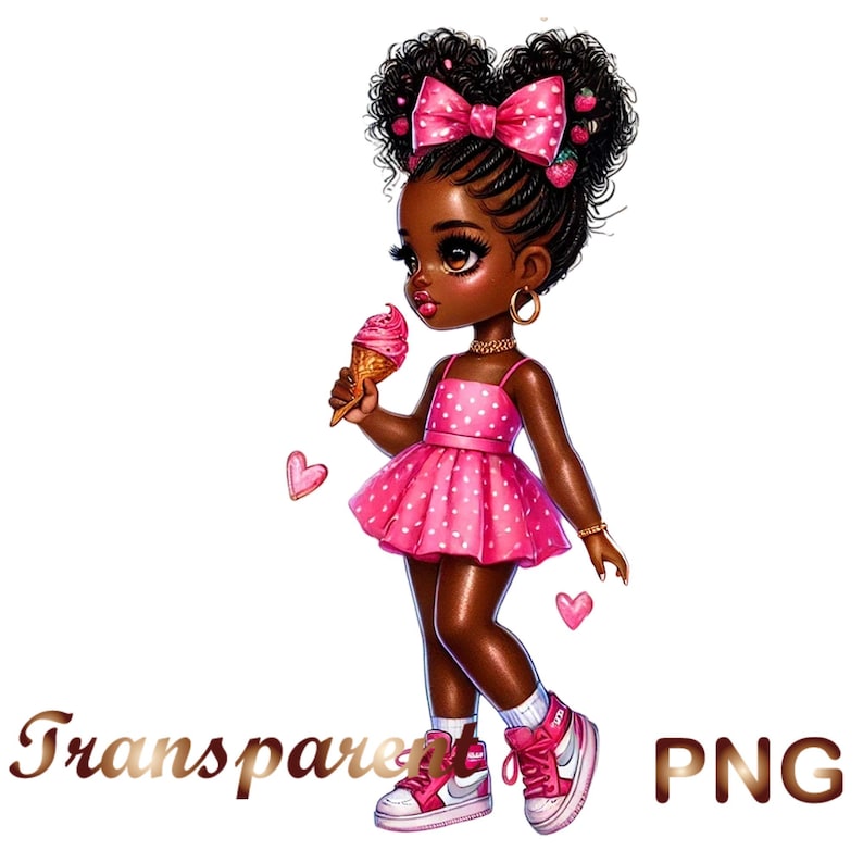 May include: A digital illustration of a young girl with brown skin, wearing a pink dress with white polka dots, a pink bow in her hair, and white trainers. She is holding a pink and white ice cream cone.