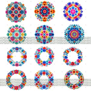 May include: A selection of vibrant floral designs in circular and wreath shapes. The designs showcase bright flowers in red, blue, yellow, and green. The overall theme is decorative and artistic, with a focus on floral patterns.