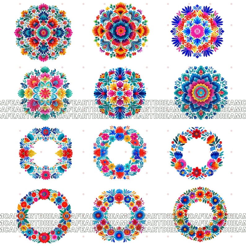 May include: A selection of vibrant floral designs in circular and wreath shapes. The designs showcase bright flowers in red, blue, yellow, and green. The overall theme is decorative and artistic, with a focus on floral patterns.