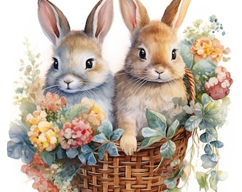 15 JPGs, Bunny in Basket Clipart, Commercial Use, Digital Download, Card Making,Mixed Media, Digital Paper Craft, Watercolor clipart
