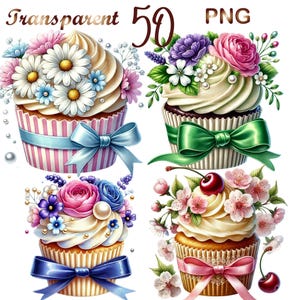 50 PNG  Flowers Cupcake Clipart Bundle, Spring Dessert Cupcake Graphics Designs,Digital Download, Unlimited Commercial Use Crafts