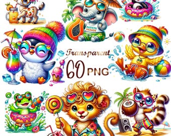 60 PNG-Cliparts mit sommerlichen Tieren – Niedliche digitale Tiergrafiken für Aufkleber, Sublimation und kommerzielle Nutzung, digitaler Download