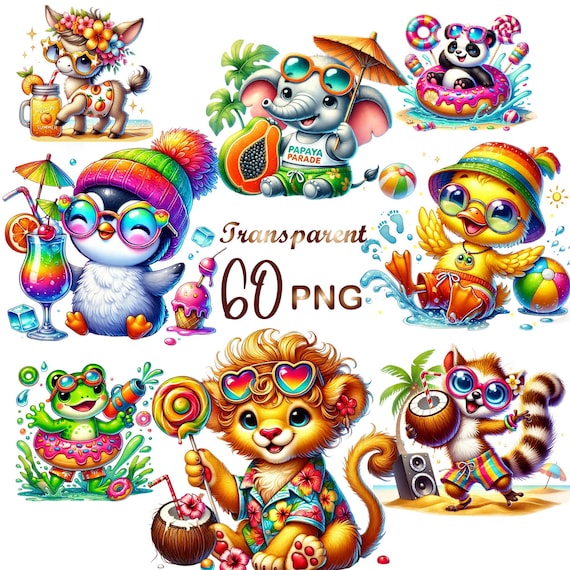 60 PNG Summer Animal Cliparts – Digital Cute Animal Graphics for Stickers, Sublimation & Commercial Use, Digital Download