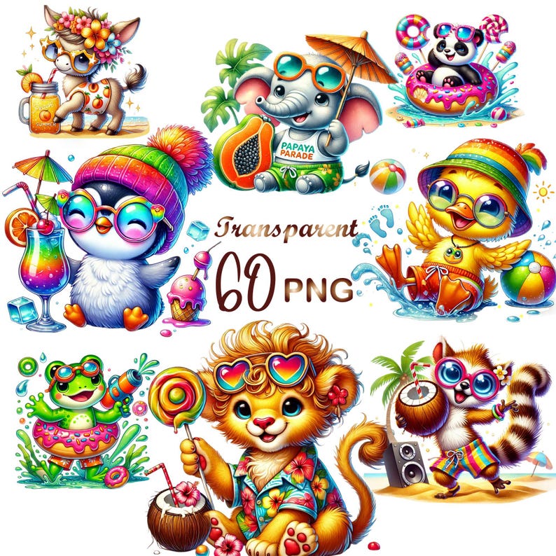 summer graphics, summer animals png, summer clipart, sunglasses clipart, animal clipart, animal printables, beach animals png, cartoon animals png, cute animal png, fun animal art, summer wildlife art, sunny day animals, vacation animals png