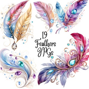 19 Watercolor Feather Clipart, Exotic Boho Feathers, Bohemian clip art, JPGs, Commercial use, Instant download, Paper crafts, Scrapbooking
