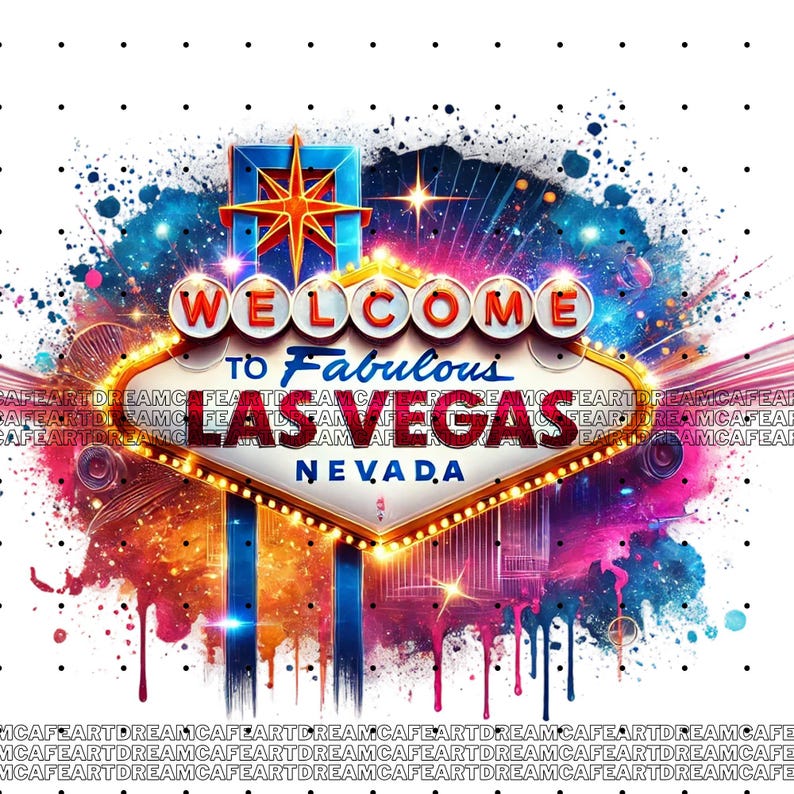 May include: A colorful graphic design featuring the iconic "Welcome to Fabulous Las Vegas, Nevada" sign with a starburst and a galaxy background. The sign is surrounded by colorful paint splatters and drips.