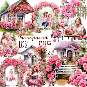 102 Watercolor Pink Roses Garden Clipart PNG, Wedding Clipart, Botanical Rose Clipart, Pink Rose Artful Art, Roses Clipart,Floral Bouquet