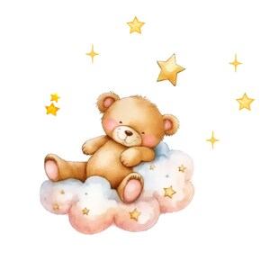 May include: A brown teddy bear sitting on a pink and blue cloud with yellow stars. The bear is smiling and has pink cheeks.