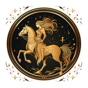 May include: A gold illustration of a woman riding a horse with a star-filled background. The woman is wearing a flowing gown and the horse has a long flowing mane and tail. The image is surrounded by a gold ornate frame.