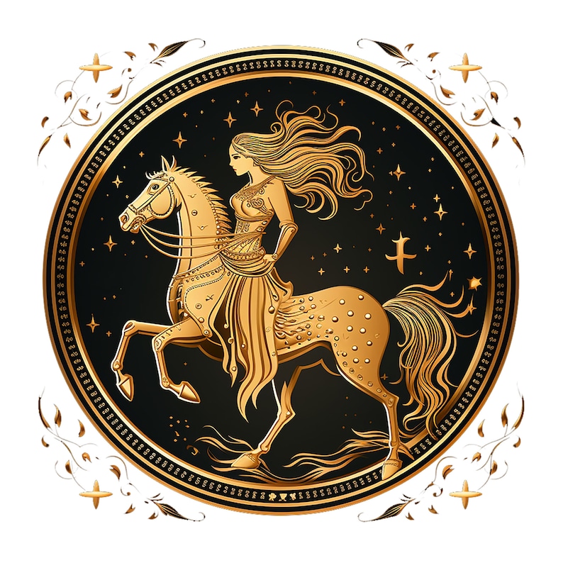May include: A gold illustration of a woman riding a horse with a star-filled background. The woman is wearing a flowing gown and the horse has a long flowing mane and tail. The image is surrounded by a gold ornate frame.