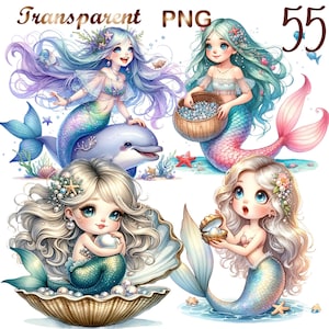 Puede incluir: Cuatro ilustraciones digitales de sirenas con colas y cabello de diferentes colores. Una sirena está montada en un delfín, otra sostiene una cesta de perlas y las otras dos sostienen perlas en sus manos. Las ilustraciones son de estilo de dibujos animados y tienen un toque caprichoso.