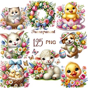 以下が含まれることがあります： イースターをテーマにしたデジタルイラスト。巣の中の子猫、卵のある花のリース、ティーカップの中のひよこ、花を持つウサギ、花束を持つ子犬、子羊、バスケットの中のひよこ、蝶が含まれています。「Transparent 125 PNG」というテキストも表示されています。