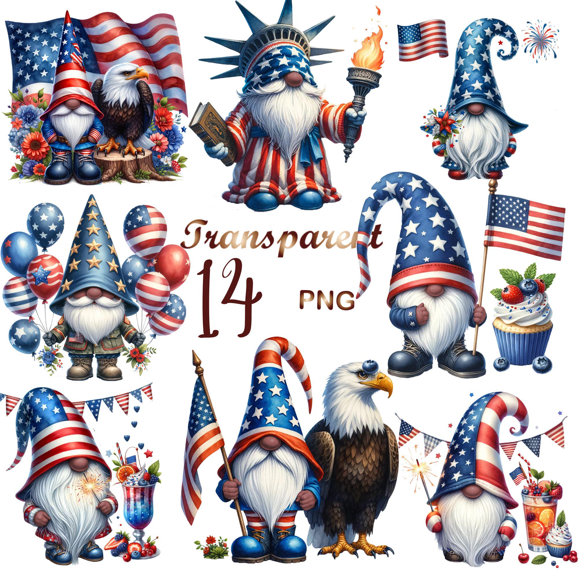 14 PNG, Patriotic Gnome Clipart Bundle. American Pride, 4th of July PNG ...