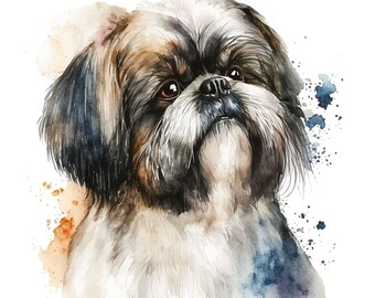 水彩画風シーズー犬クリップアート：シーズー犬のイラスト12点