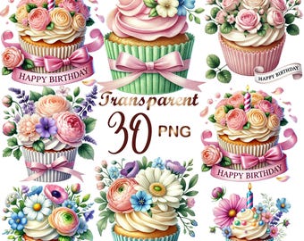 Happy  Birthday Cupcake Clipart Bundle 30 PNG, Watercolor Cupcake with Flowers, Commercial Use, Digital Download