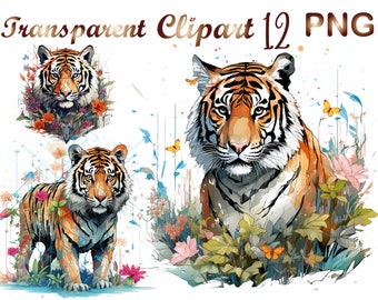 12 Watercolor Tiger PNG | DTG Printing | Instant download | T-shirt Sublimation Digital File Download l Transparent PNG Digital Design