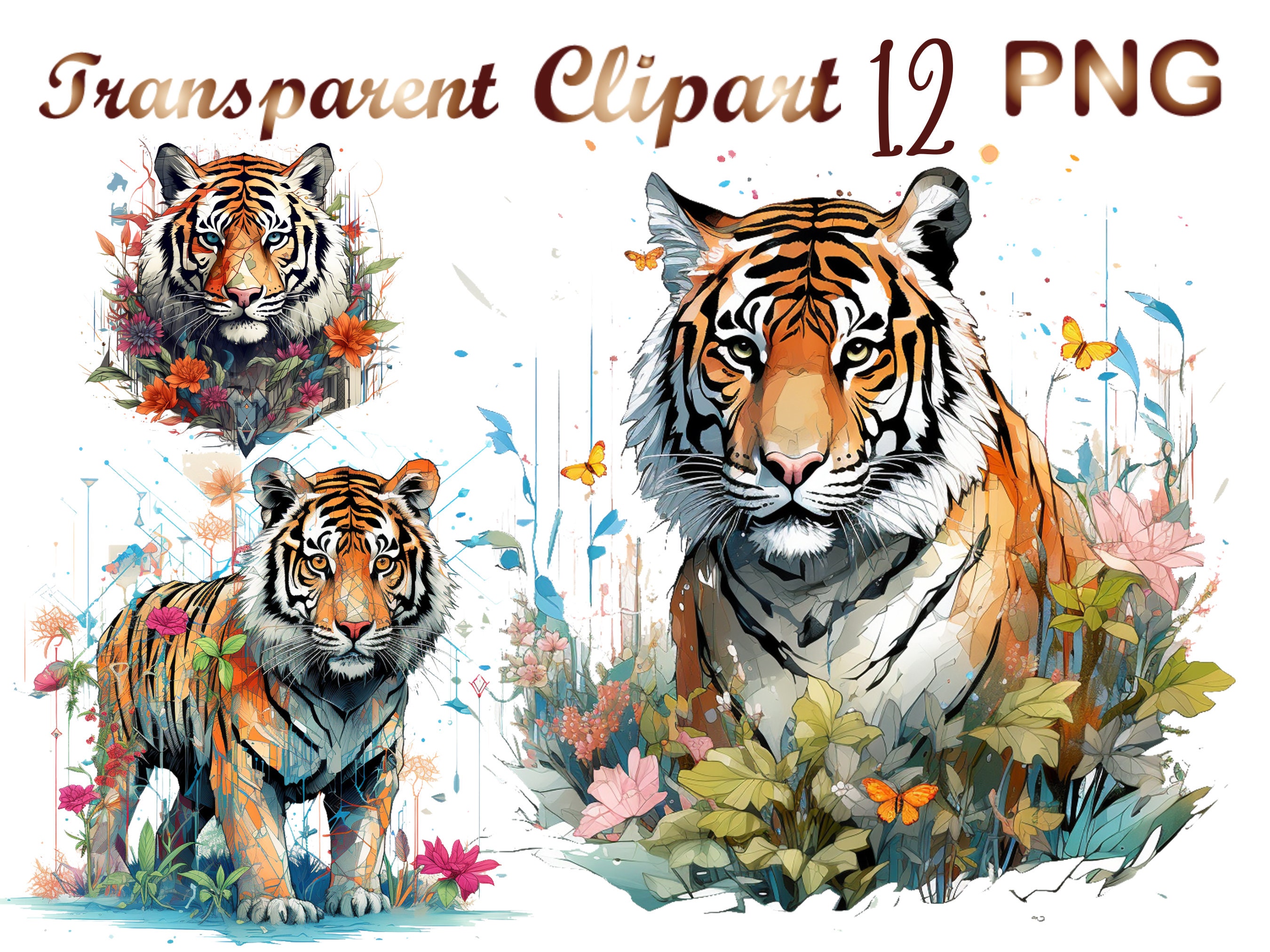 12 Watercolor Tiger PNG DTG Printing Instant Download T-Shirt.