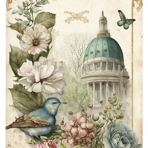 May include: A vintage-style illustration featuring a blue bird perched on a branch with pink and blue flowers. A large, domed building with a teal roof is in the background. The image has a faded, antique aesthetic.