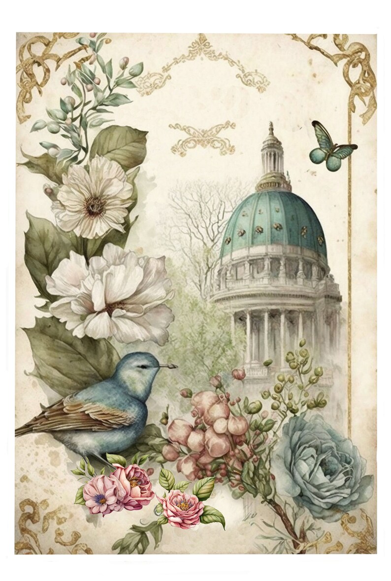 May include: A vintage-style illustration featuring a blue bird perched on a branch with pink and blue flowers. A large, domed building with a teal roof is in the background. The image has a faded, antique aesthetic.