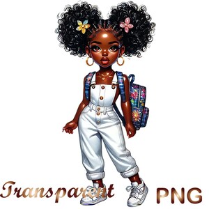 May include: A digital illustration of a young Black girl with curly black hair wearing a white jumpsuit and a floral backpack. She has a flower in each of her hair buns.