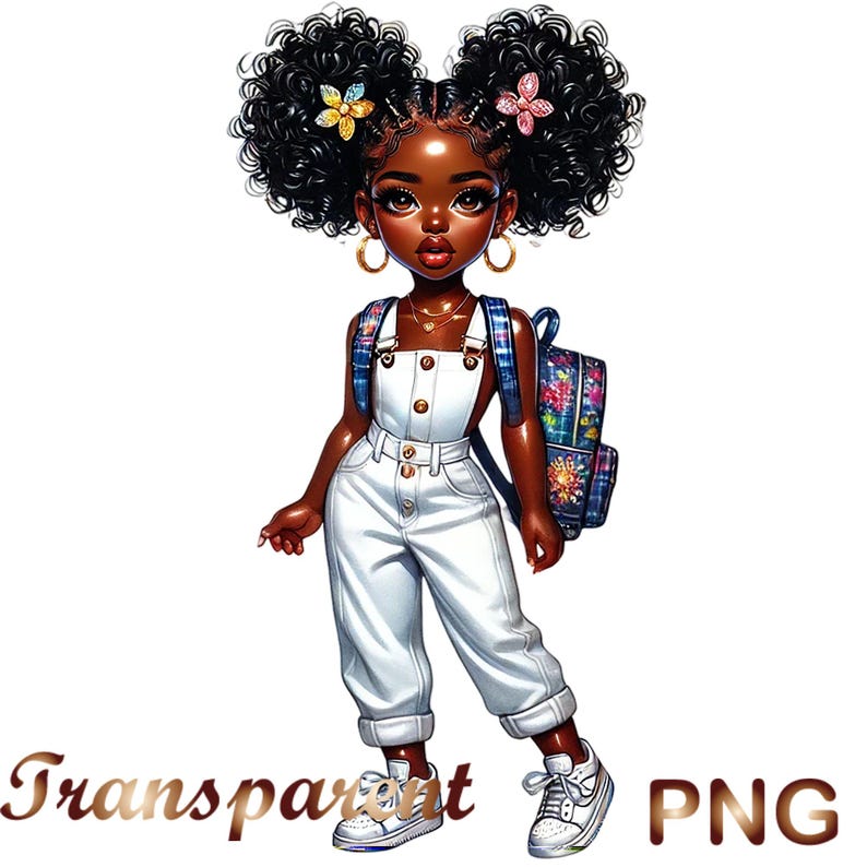May include: A digital illustration of a young Black girl with curly black hair wearing a white jumpsuit and a floral backpack. She has a flower in each of her hair buns.